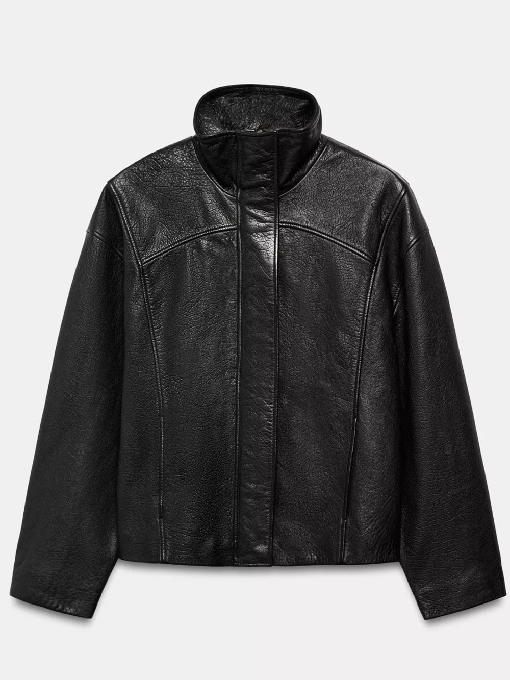 Zara 100% Leather Jacket with High Collar Black Oversized NWT